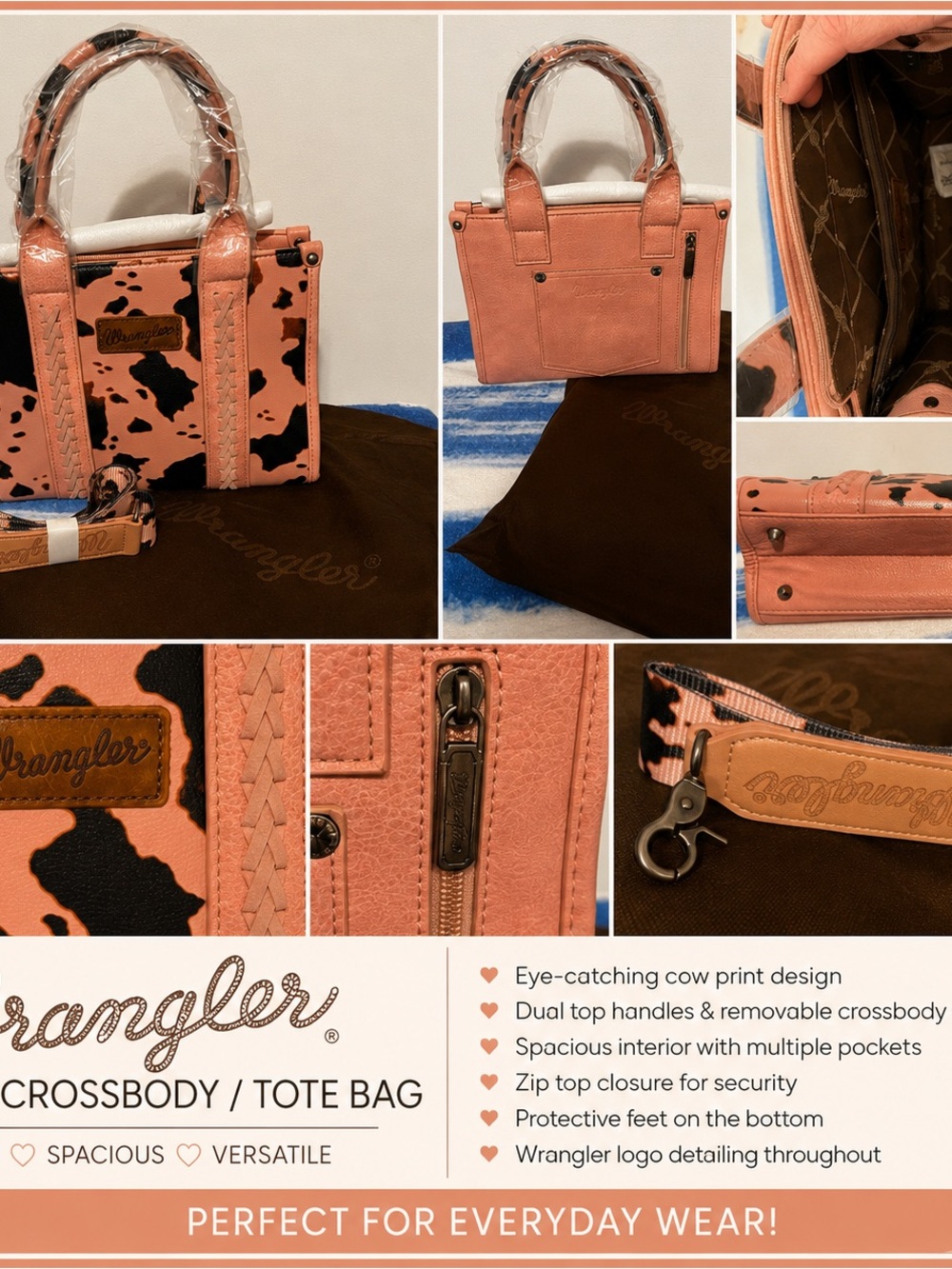 🤠NWT wrangler pink cow print small tote crossbody bag|western purse|dust bag inc